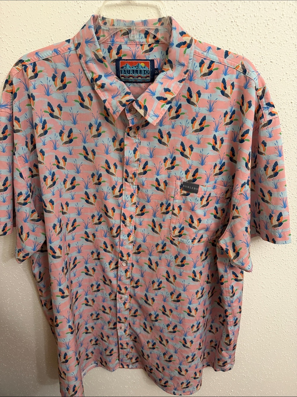 BURLEBO Pink Short-Sleeve Button-Down with Multicolor Tropical Print